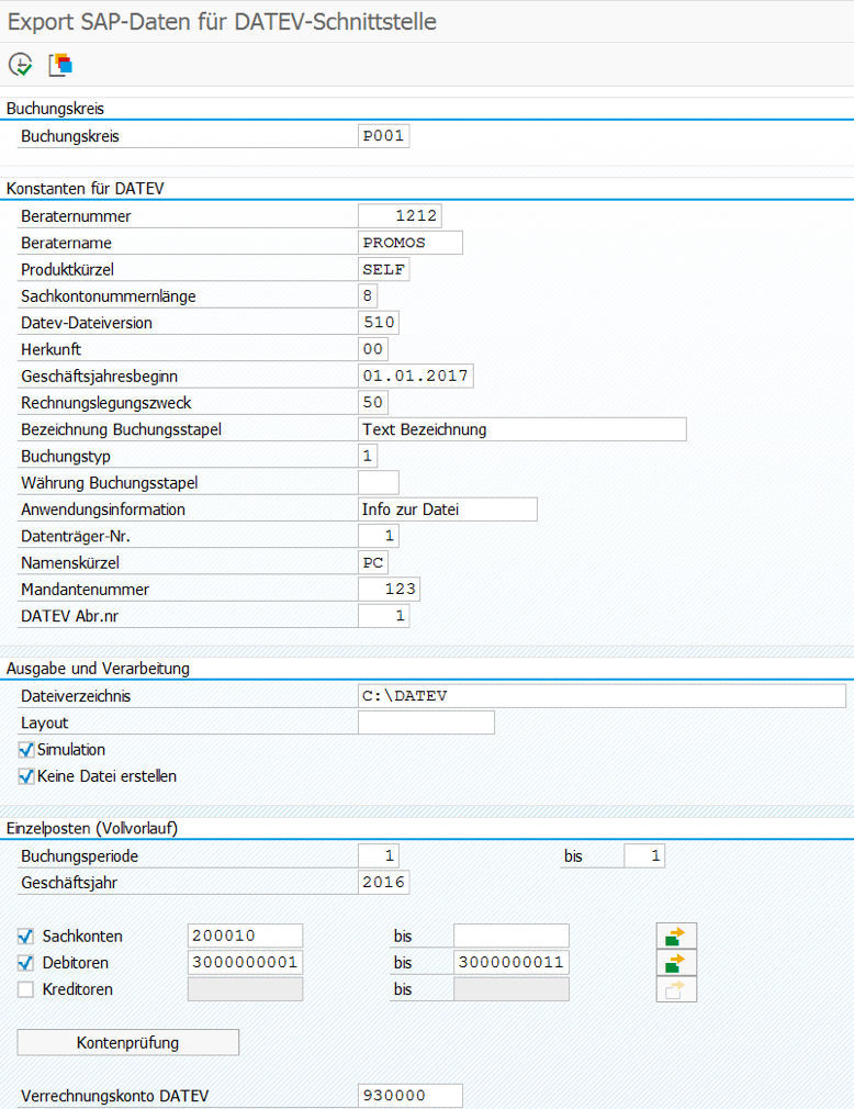 Selektionsmaske für den Export in der PROMOS DATEV-Schnittstelle