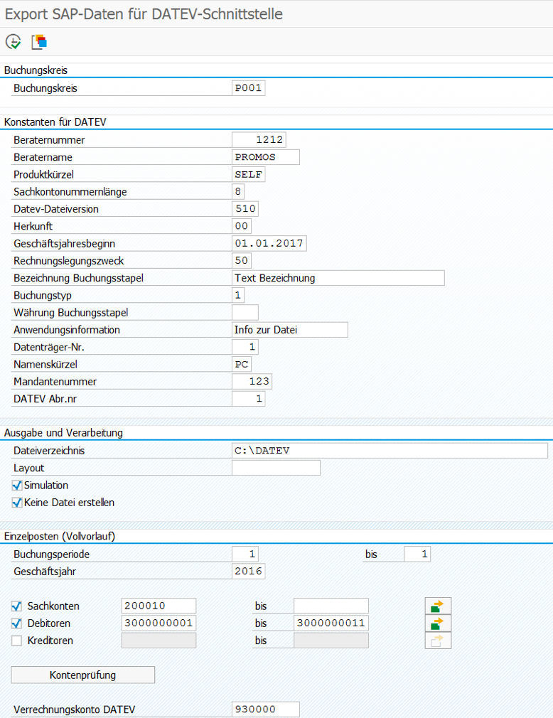 Selektionsmaske für den Export in der PROMOS DATEV-Schnittstelle