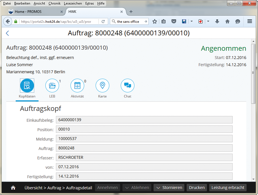 Abbildung 4: Am unteren Bildrand befinden sich eine Breadcrumb zur einfacheren Navigation und die möglichen Aktionsbefehle. Ansicht des Auftragskopfs im easysquare Handwerkerportal