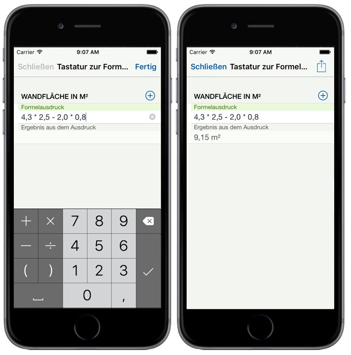 Outcome in form Formel-Keyboard in der neuen Version 1.6 von easysquare mobile