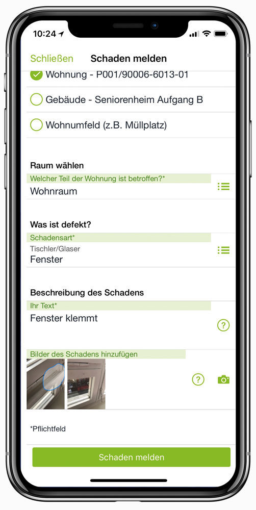 Figure 1: Tenants can report defects to the landlord themselves quickly and directly using their smartphone. Komfortable Schadensmeldungen in der Mieter-App von easysquare