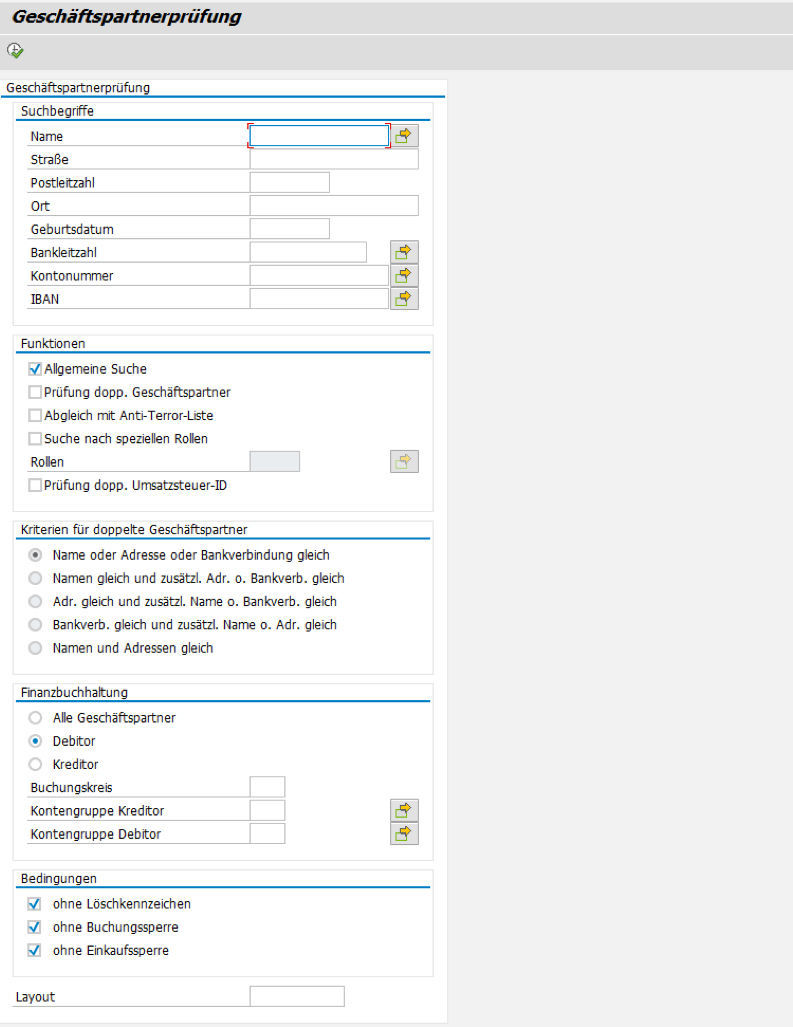 Umfangreiche Selektionsmaske zur Geschäftspartnerüberprüfung
