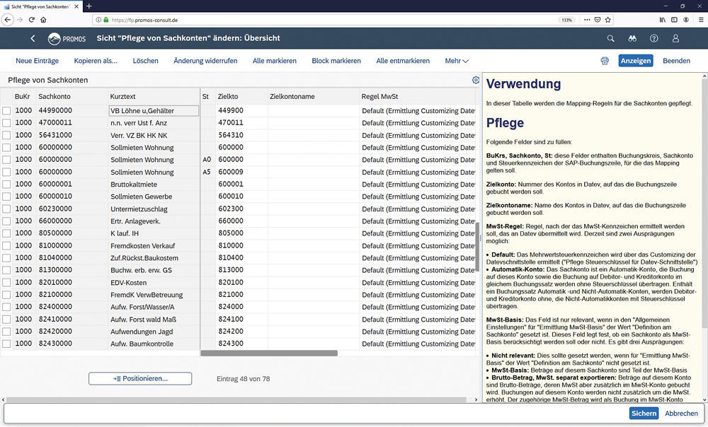 Figure 2: When mapping G/L accounts that are posted to with various tax codes, there are different target accounts for DATEV. Notes at the edge of the application explain functions and fields. Zielkonten für die unterschiedlichen Steuerschlüssel während des Mappings in der PROMOS DATEV-Schnittstelle