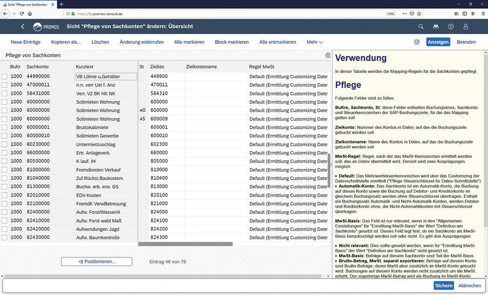 Zielkonten für die unterschiedlichen Steuerschlüssel während des Mappings in der PROMOS DATEV-Schnittstelle