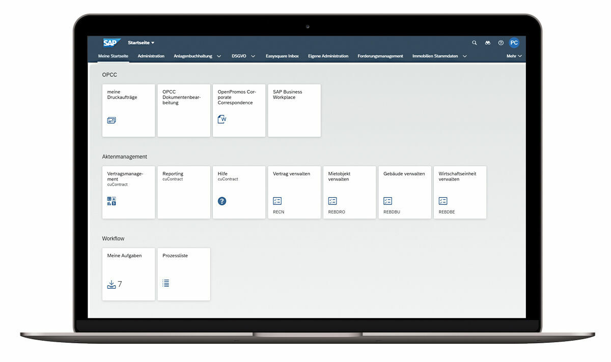 Figure 1: On the start page, the clearly organised tile system allows users to access various options quickly and at any time – from contract management and document processing to task management. Software Oberfläche des neuen ERP-Systems bei GWG Reutlingen
