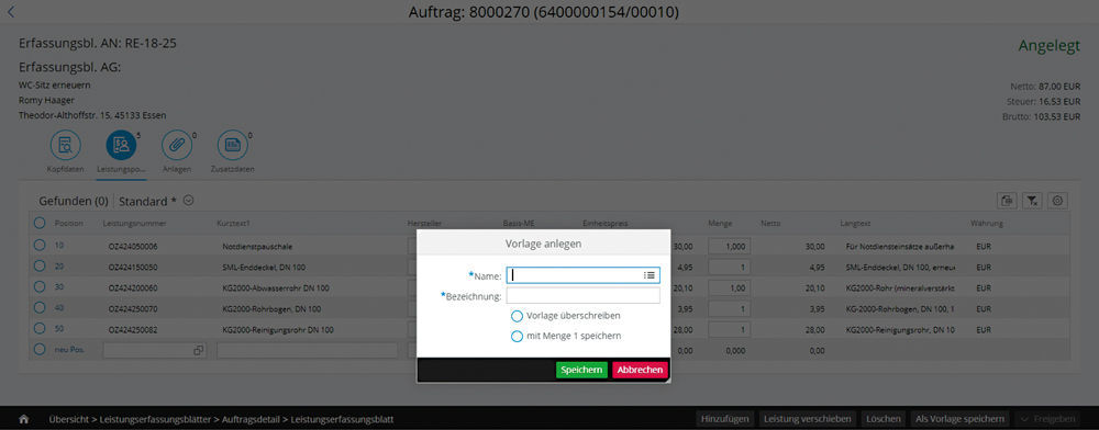 Figure 9: Creating/overwriting templates in the craftsmen portal. Vorlagen im easysquare Handwerkerportal anlegen oder überschreiben