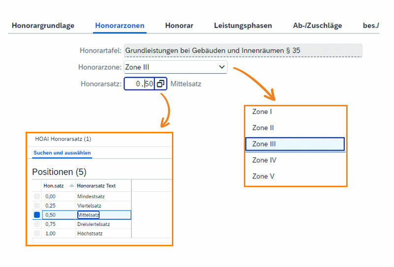 Definition der Honorarzone und des Honorarsatzes im PROMOS HOAI-Rechner für SAP Fiori