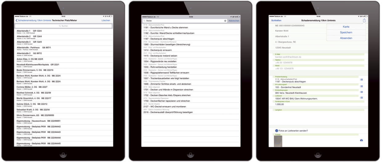 Figure 1: iPad 1) The catalogue automatically shows all functional locations within a radius of 10 km. iPad 2) Stored problem catalogue with all results for the search term “Ceilings”. iPad 3) Completed form for repair of the defect incl. communication data. Digitale Formulare zur Durchführung der Leerwohnungssanierung mit der easysquare mobile App
