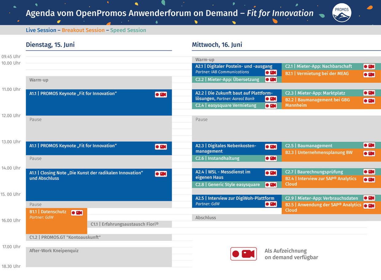 All lectures with a camera symbol are available as recordings on the event platform. Timetable zum OpenPromos Anwenderforum on Demand 2021