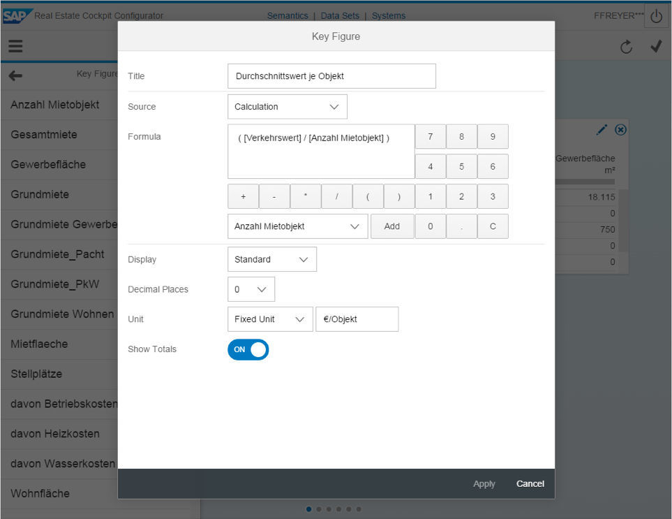 Mit dem Real Estate Cockpit Configurator lassen sich Kennzahlen mit Hilfe einfacher Berechnungen definieren, Beispiel Durchschnittswert je Mietobjekt