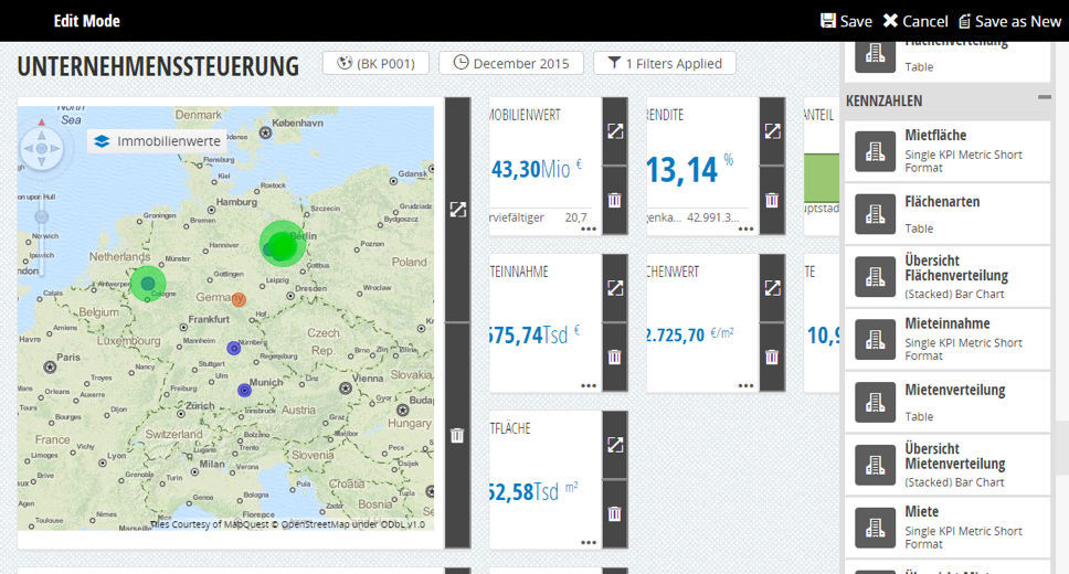 Im Bearbeitungsmodus des Real Estate Cockpit lassen sich die Komponenten in Dashboards ziehen, ausrichten und von der Größe anpassen