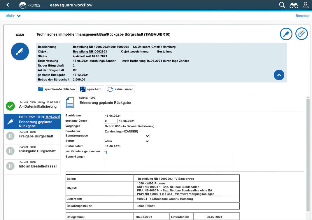 Figure 5: The process of returning a guarantee in easysquare workflow. Digitaler Prozess zur Rückgabe einer Bürgschaft im PROMOS Prozesssteuerungstool easysquare workflow für SAP