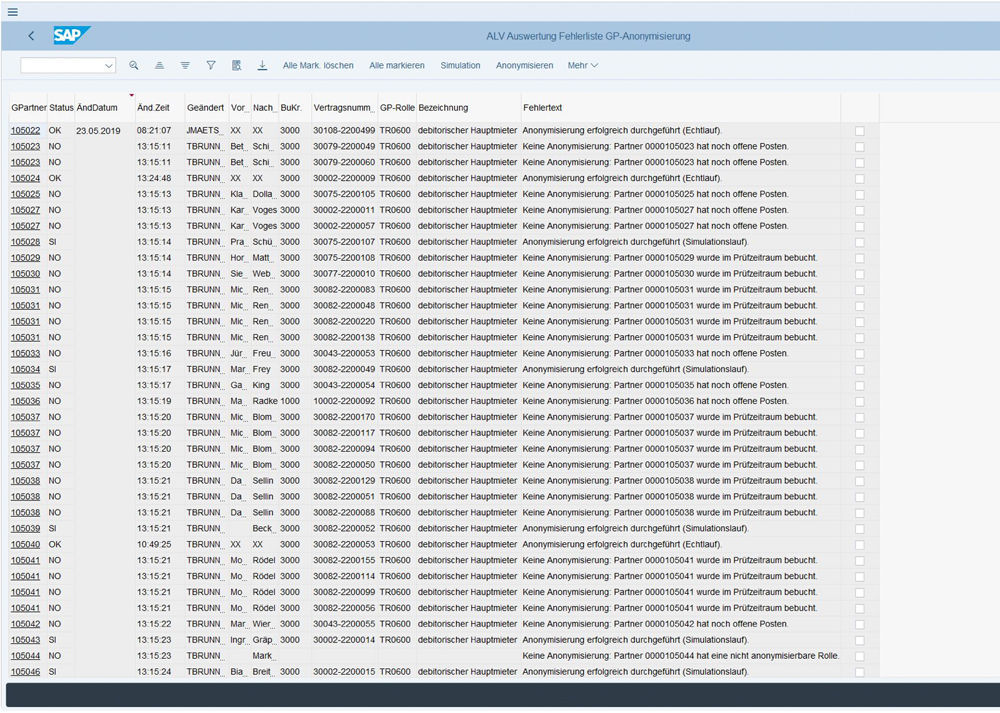 Error-Liste im PROMOS Lösungspaket für den Datenschutz in SAP