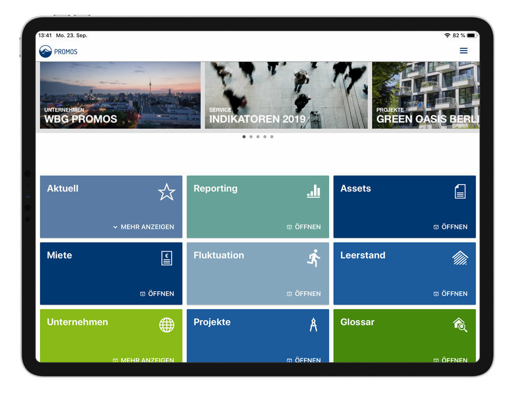 Access the reporting service with a simple tap on the relevant tile. In der Kachelansicht von easysquare kann der Reporting Dienst ausgewählt werden.