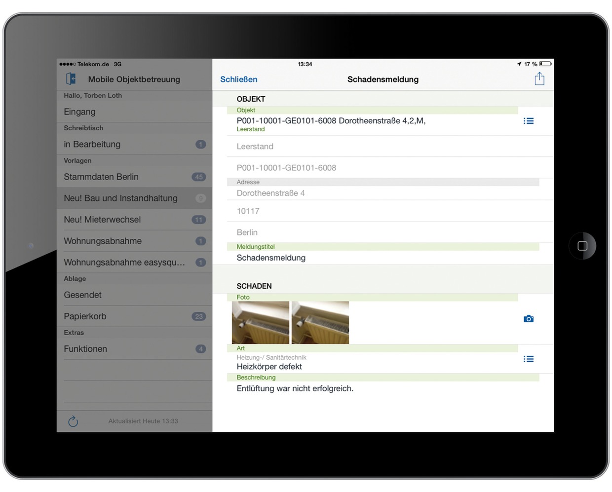 Mit Hilfe von digitalen Formularen kann der Objektbetreuer den Schaden direkt vor Ort per App erfassen. Mobile Erfassung von Schäden durch den Objektbetreuer in der easysquare mobile App auf dem iPad